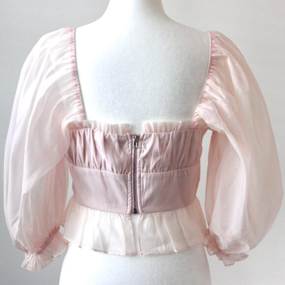 Vestique Coquette Light Pink Sheer Ruffle Crop Top Sweetheart Puff Blouse Small - Picture 8 of 12
